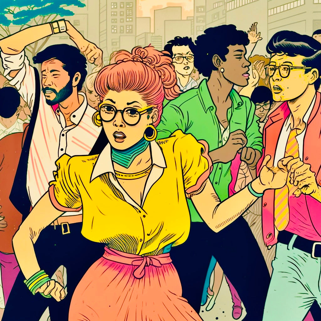 Friends dancing in Tokyo wearing bright colored eighties clothing